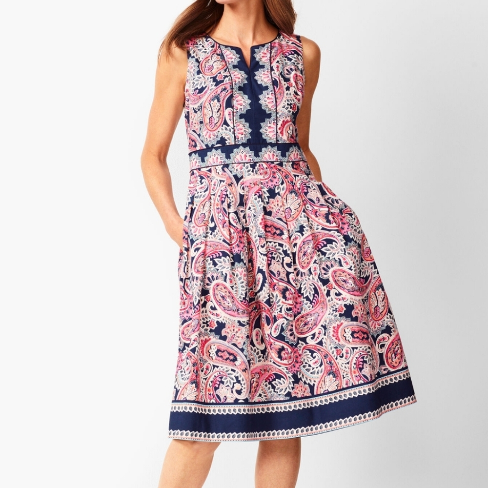 Talbots Petites Pink and Blue Paisley Fit And Flare Midi Dress Size 2P